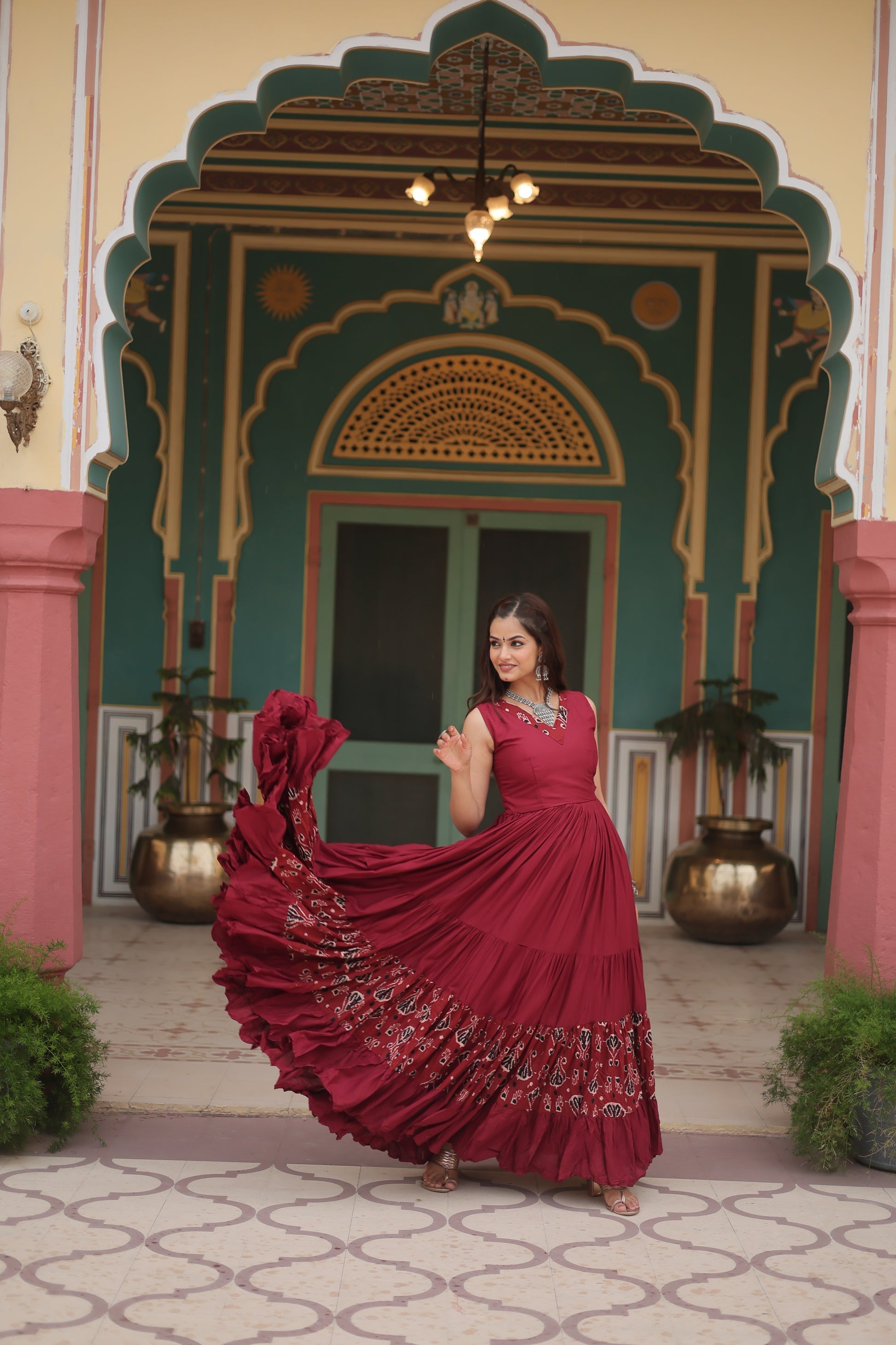 Nishka maroon festive wear printed Anarkali gown