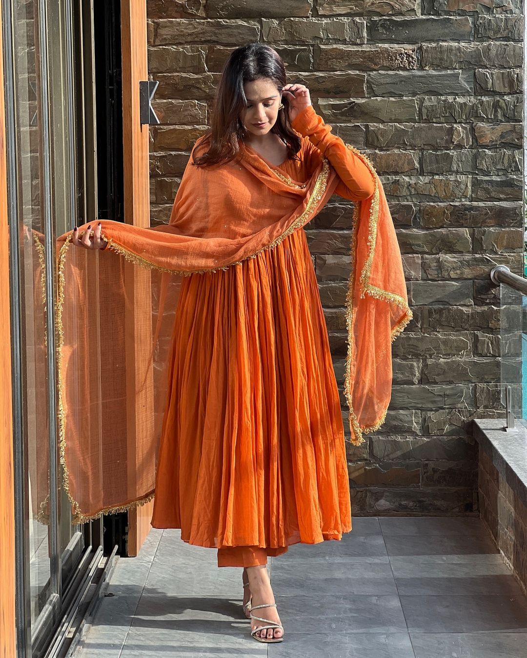 Orange chinon silk Nivanshi designer Anarkali suit