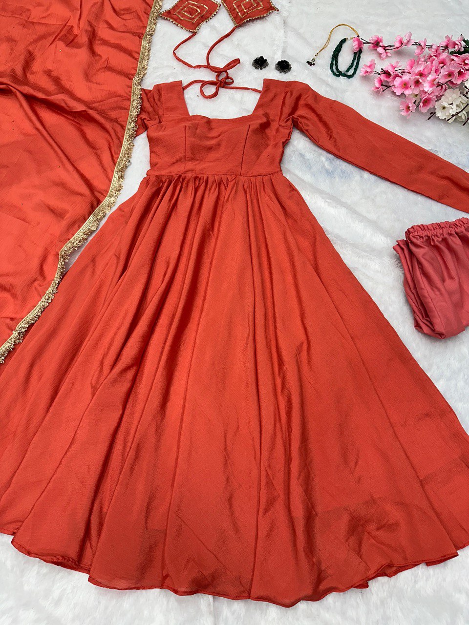 Orange chinon silk Nivanshi designer Anarkali suit