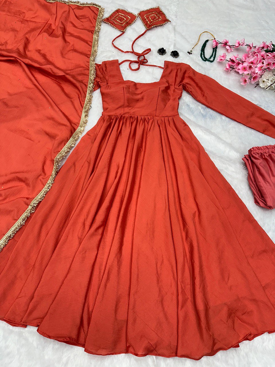 Orange chinon silk Nivanshi designer Anarkali suit