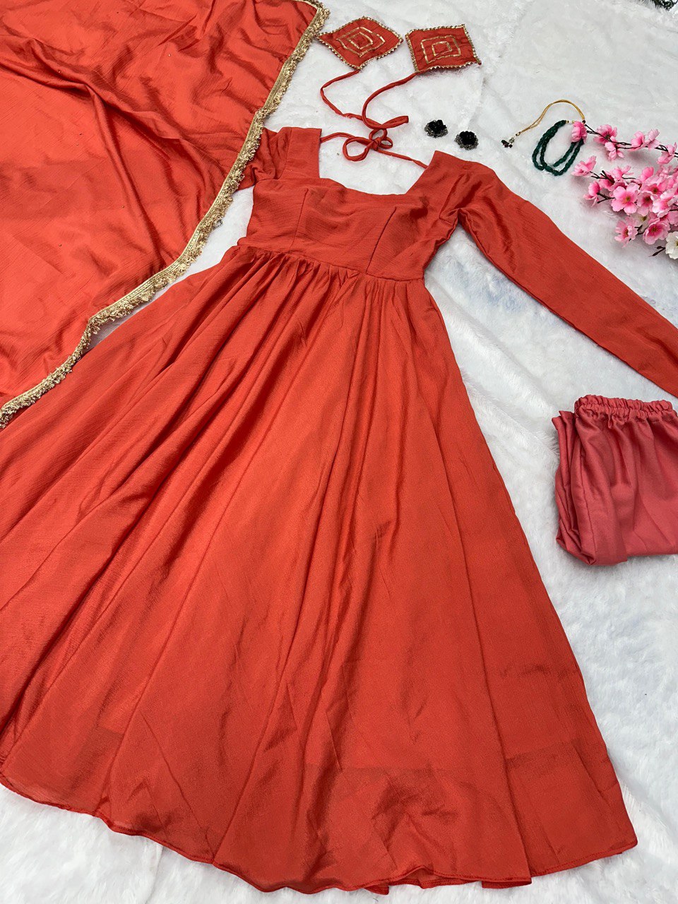 Orange chinon silk Nivanshi designer Anarkali suit