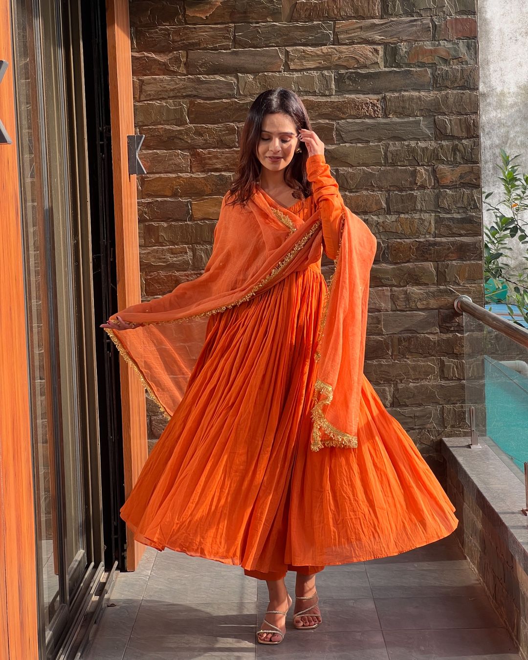 Orange chinon silk Nivanshi designer Anarkali suit