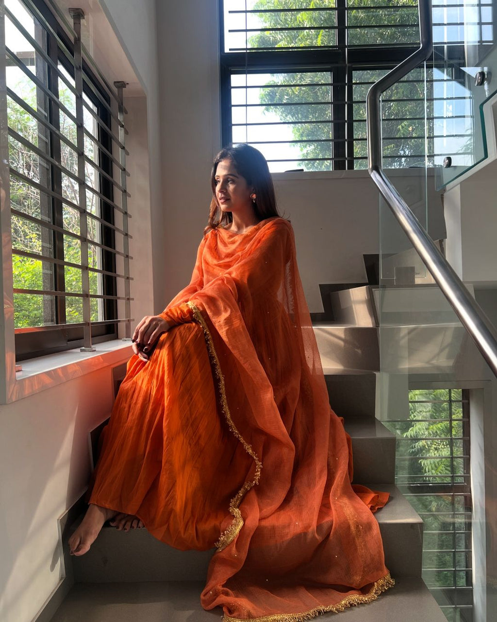 Orange chinon silk Nivanshi designer Anarkali suit