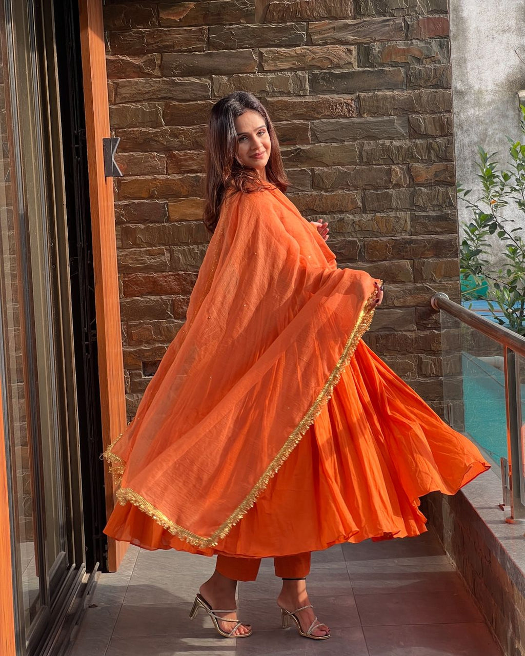 Orange chinon silk Nivanshi designer Anarkali suit
