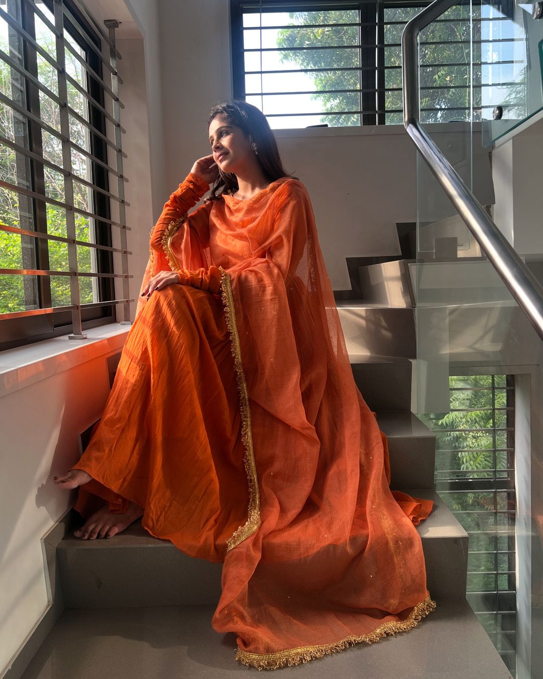 Orange chinon silk Nivanshi designer Anarkali suit