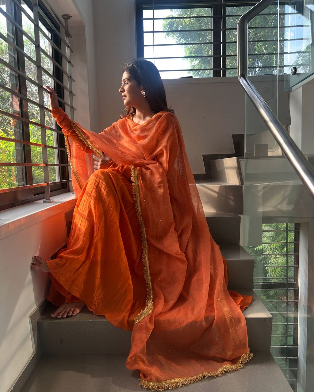 Orange chinon silk Nivanshi designer Anarkali suit