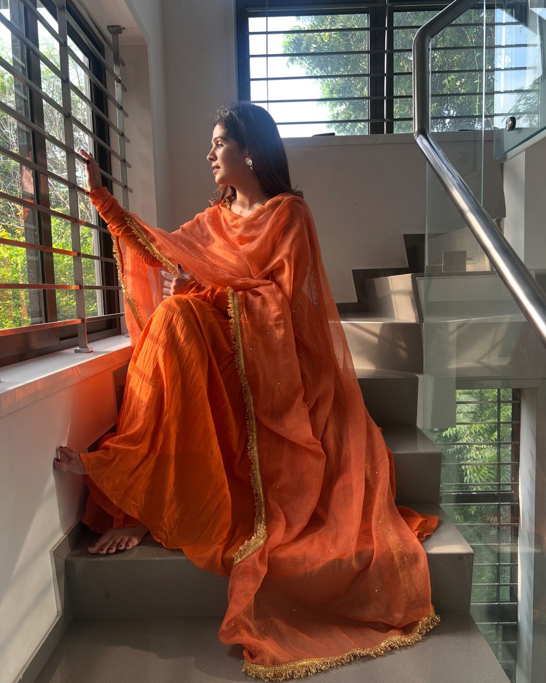 Orange chinon silk Nivanshi designer Anarkali suit
