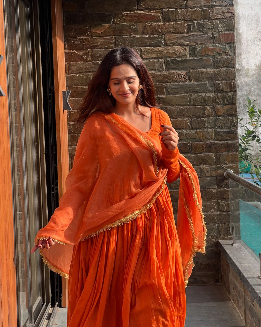 Orange chinon silk Nivanshi designer Anarkali suit
