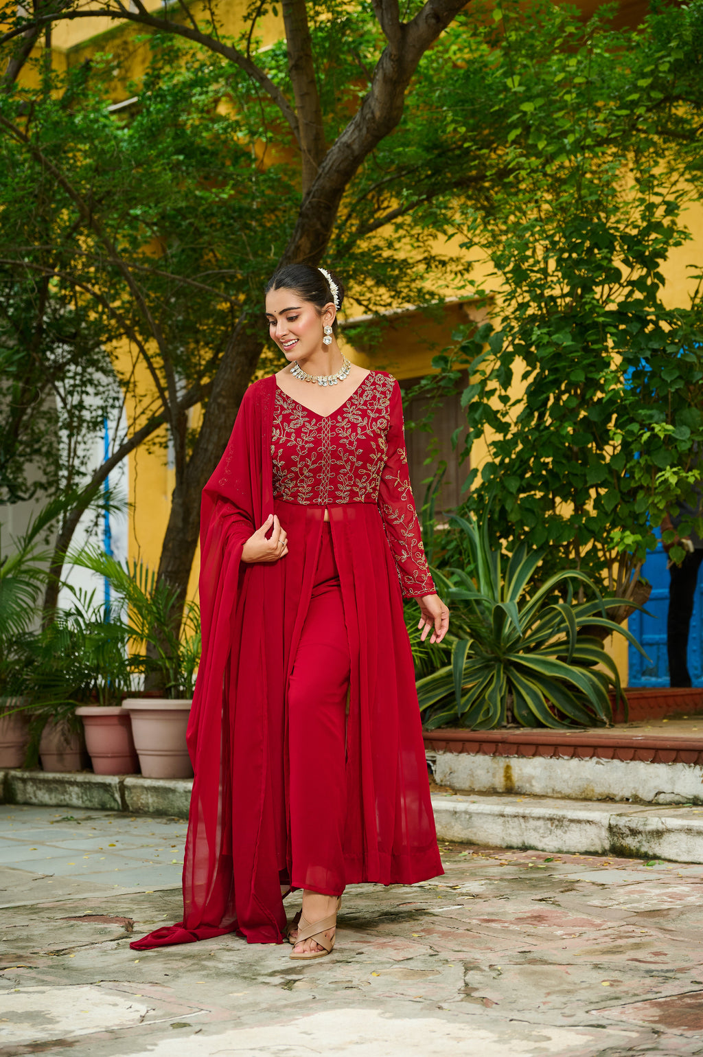 Niyu maroon faux blooming kurti with thread embroidery and bottom set