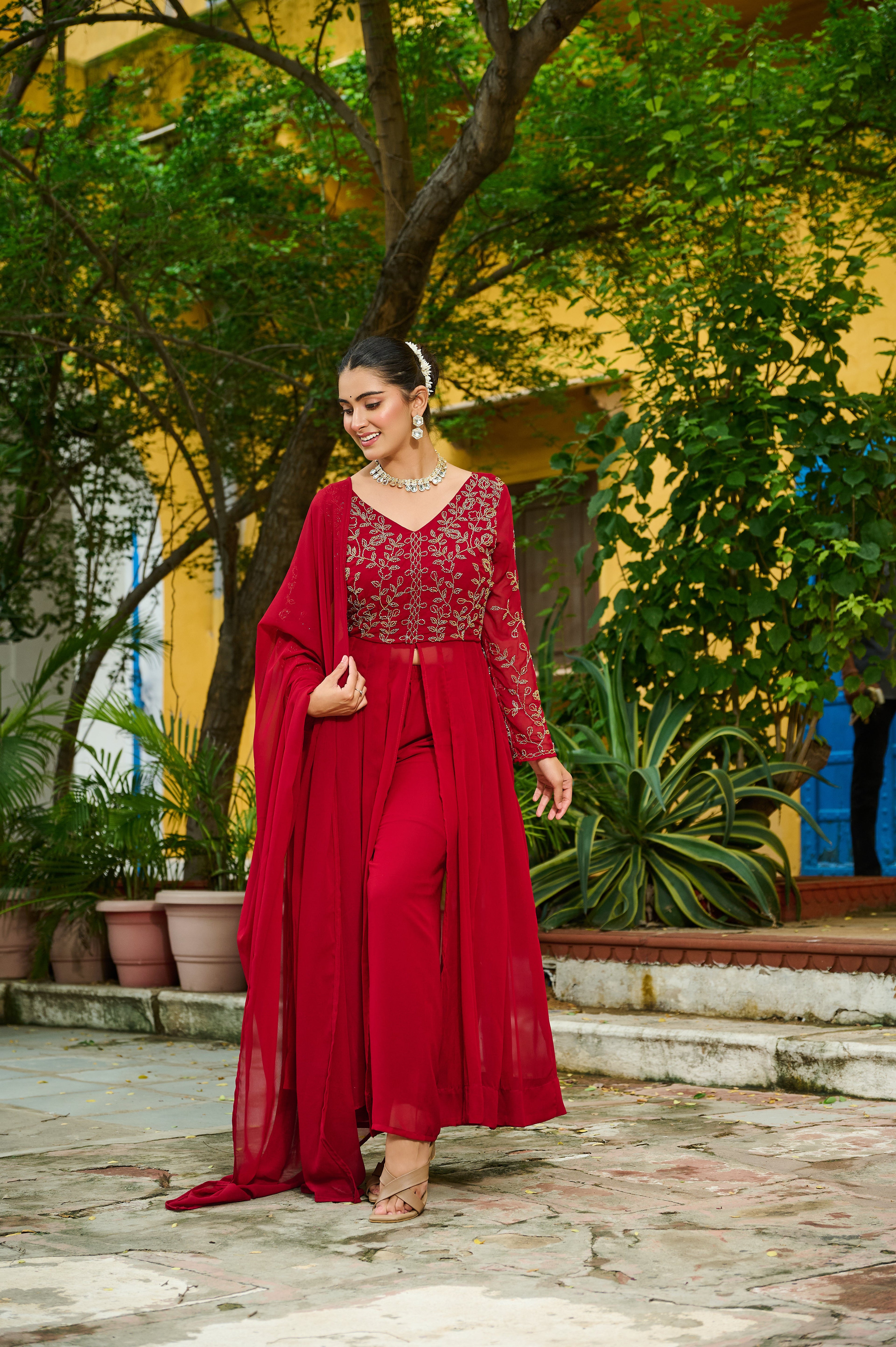 Niyu maroon faux blooming kurti with thread embroidery and bottom set