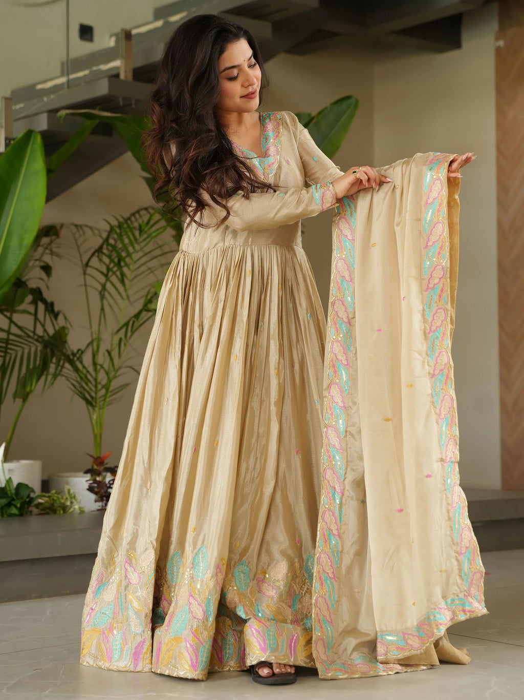 Off white chinnon gown with sequins and multithread embroidery and dupatta