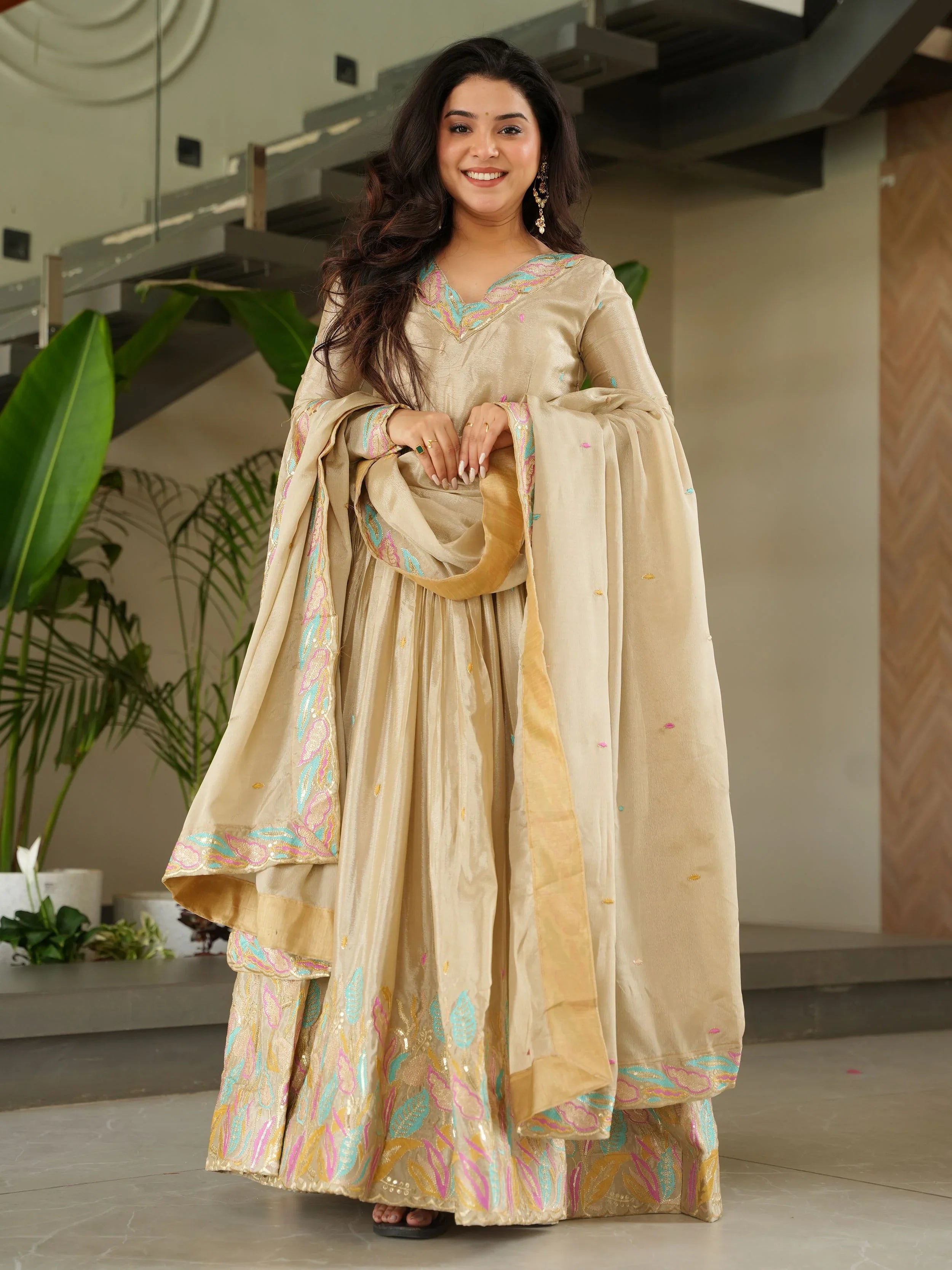 Off white chinnon gown with sequins and multithread embroidery and dupatta