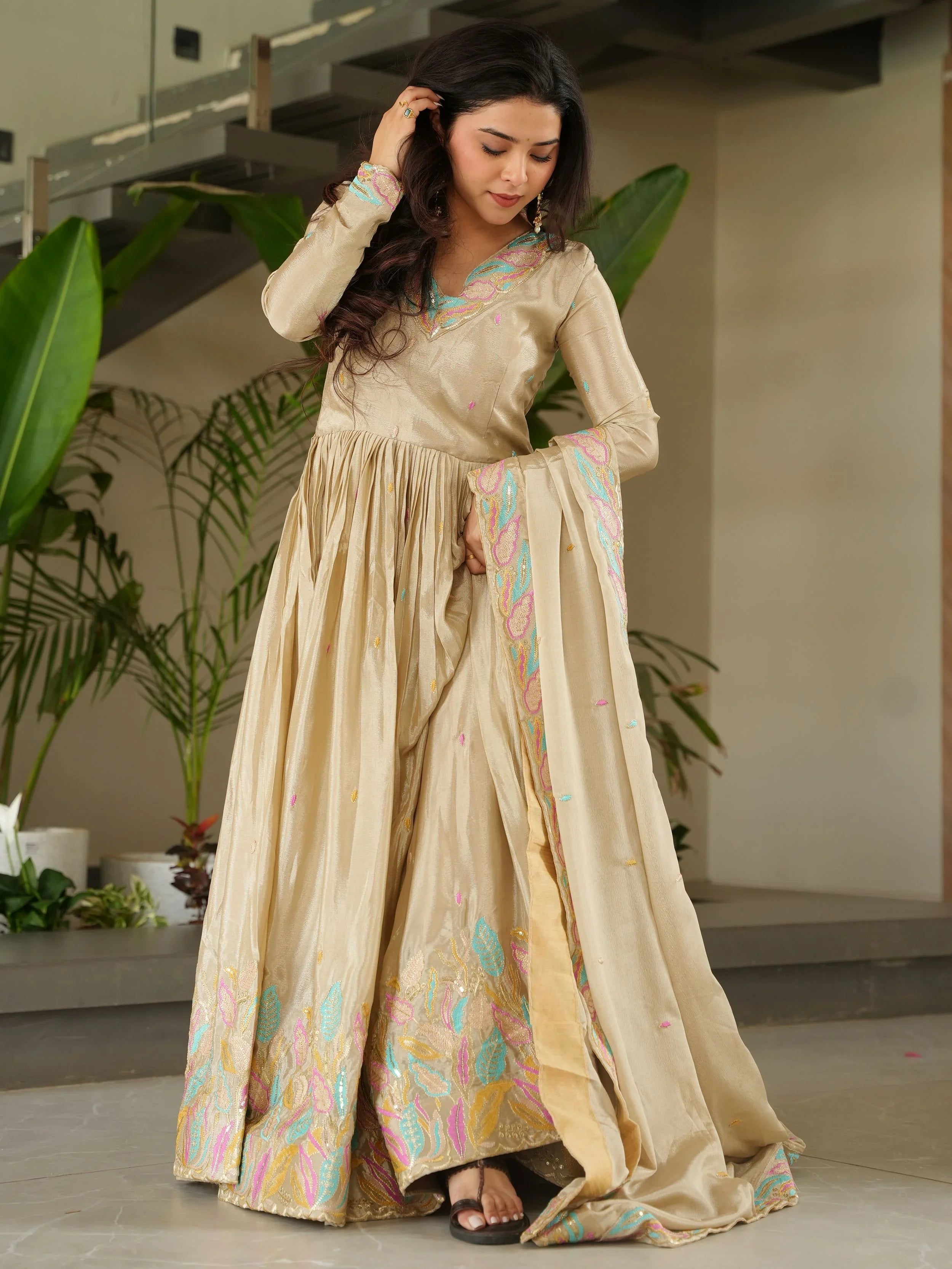 Off white chinnon gown with sequins and multithread embroidery and dupatta
