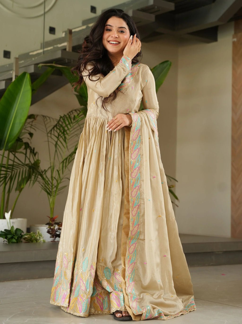 Off white chinnon gown with sequins and multithread embroidery and dupatta