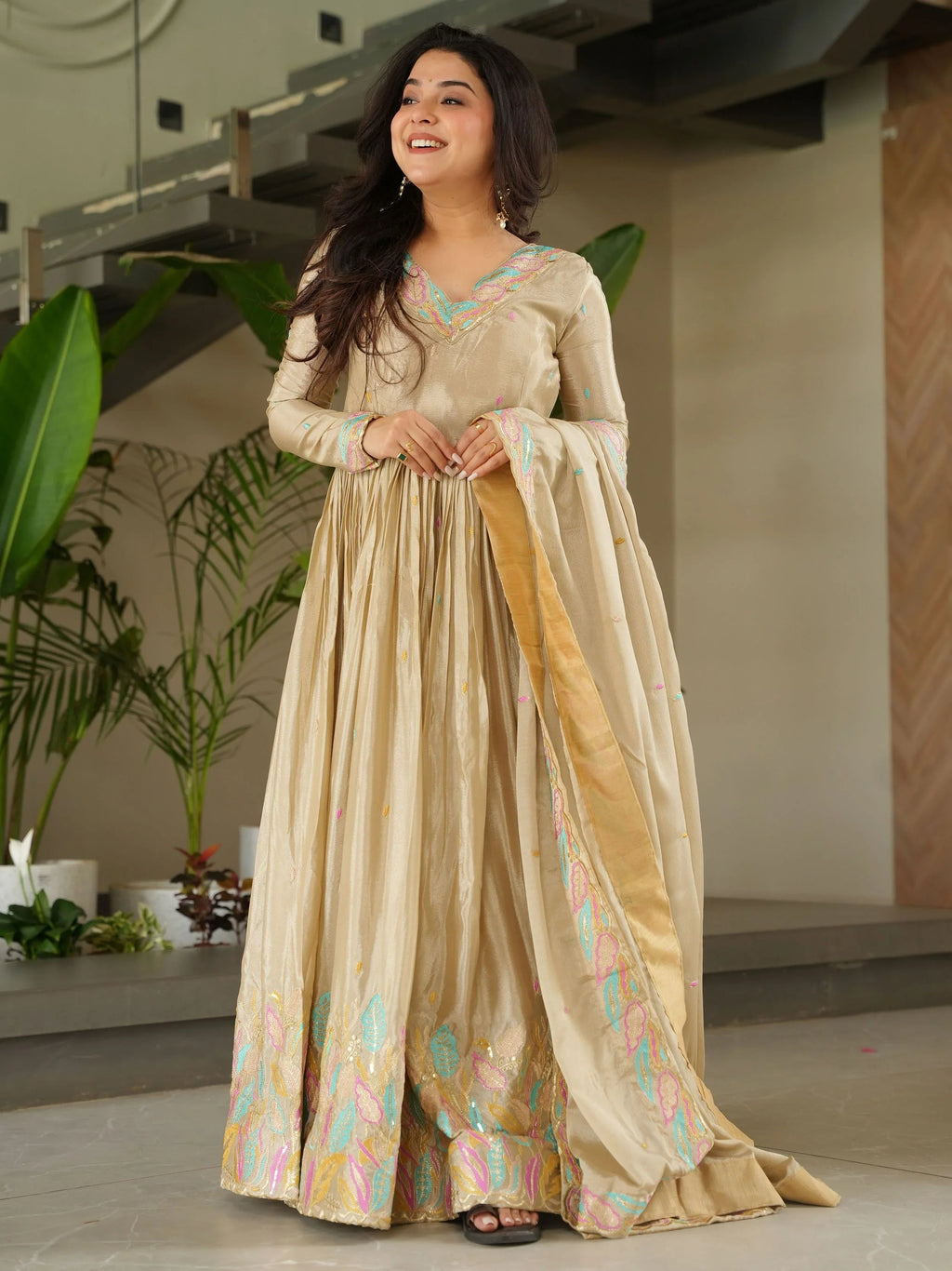 Off white chinnon gown with sequins and multithread embroidery and dupatta