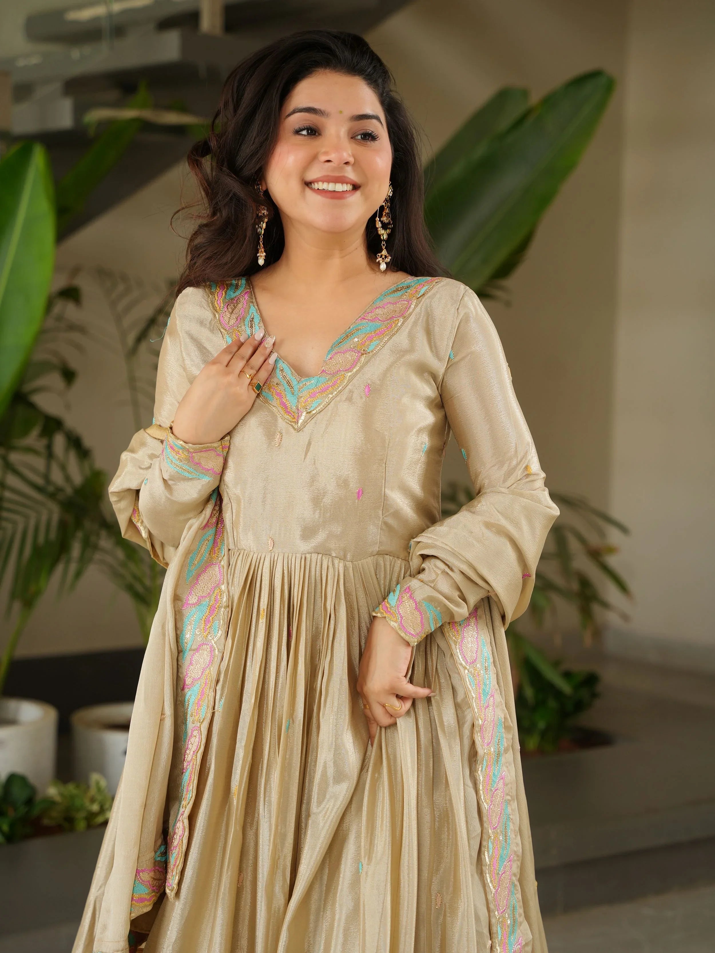 Off white chinnon gown with sequins and multithread embroidery and dupatta
