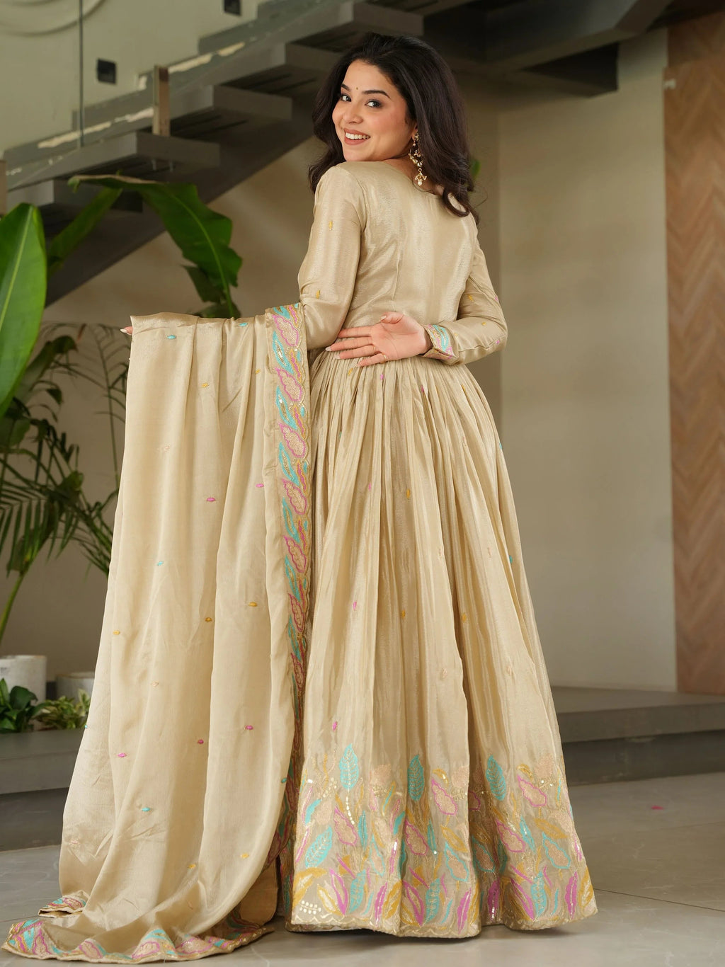 Off white chinnon gown with sequins and multithread embroidery and dupatta