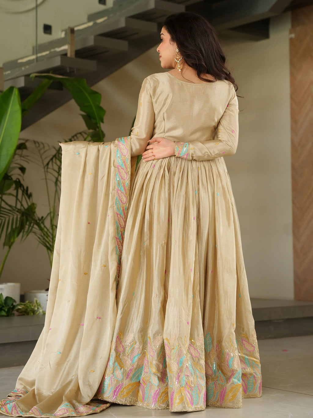 Off white chinnon gown with sequins and multithread embroidery and dupatta