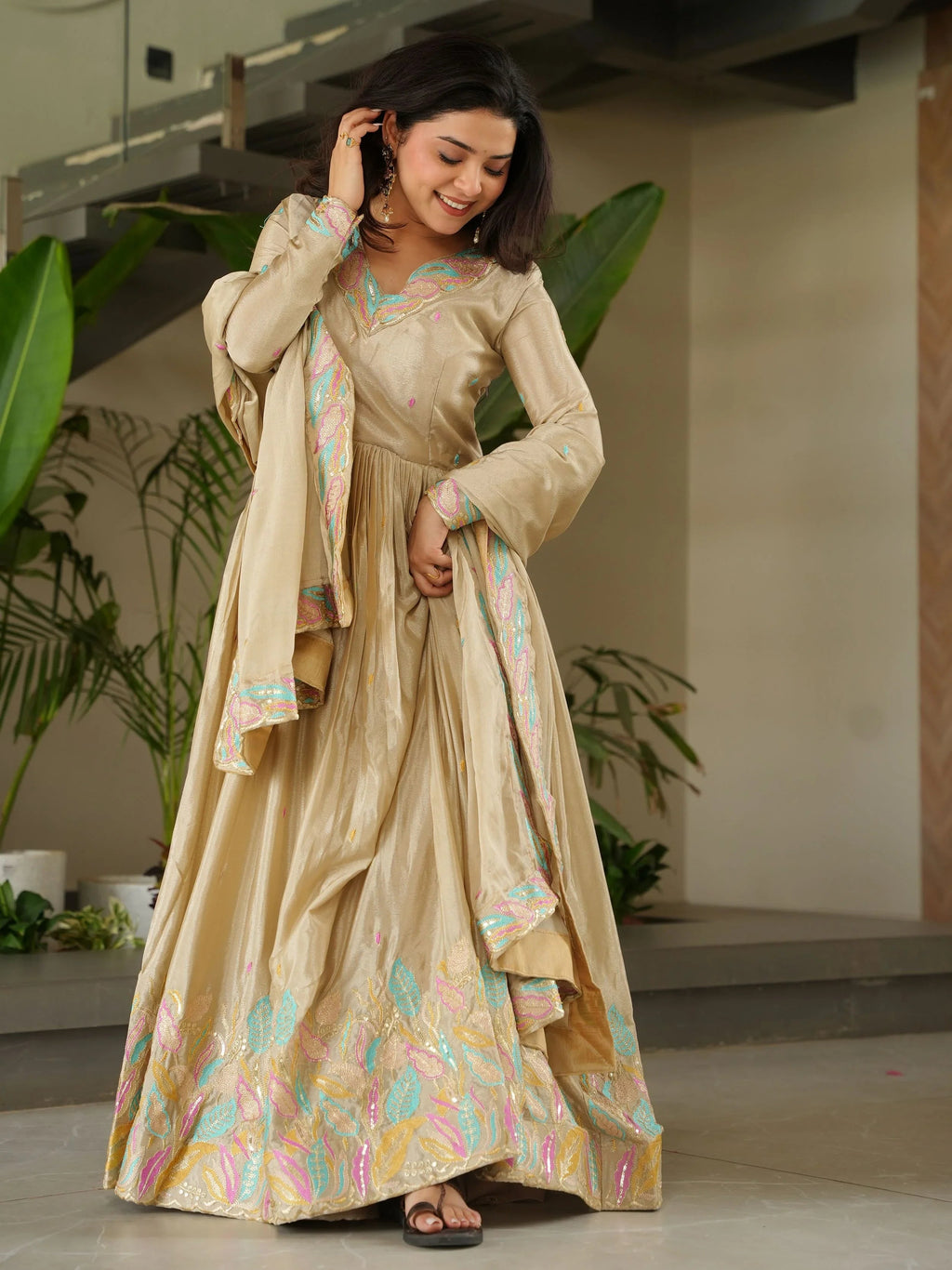 Off white chinnon gown with sequins and multithread embroidery and dupatta