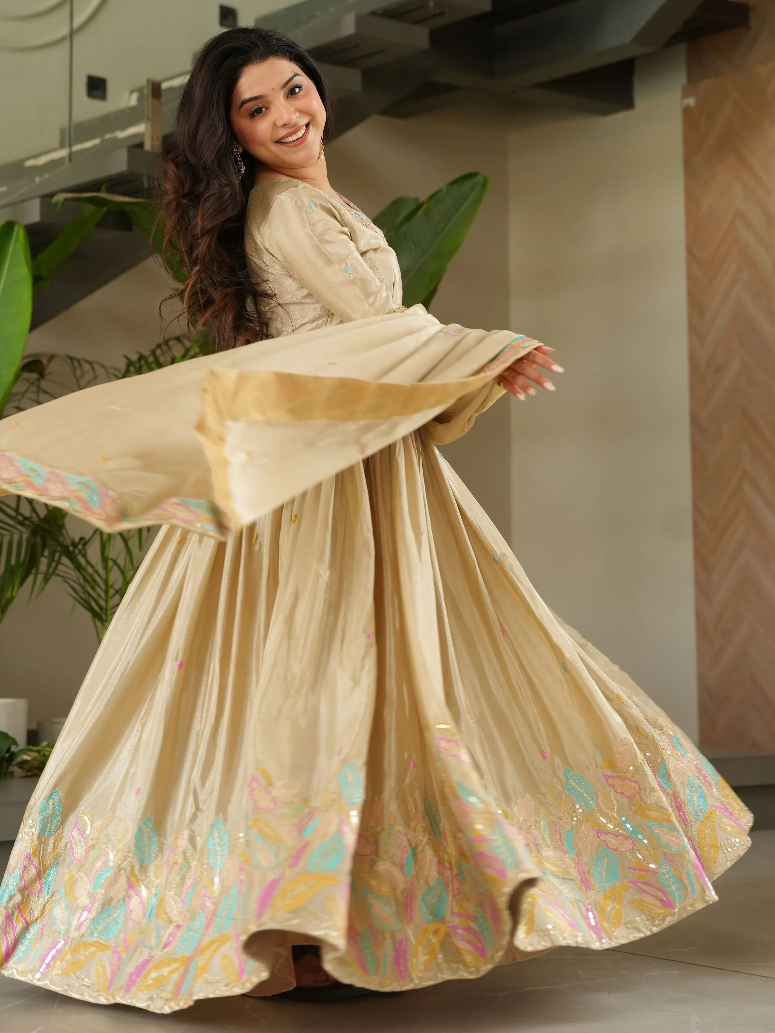 Off white chinnon gown with sequins and multithread embroidery and dupatta