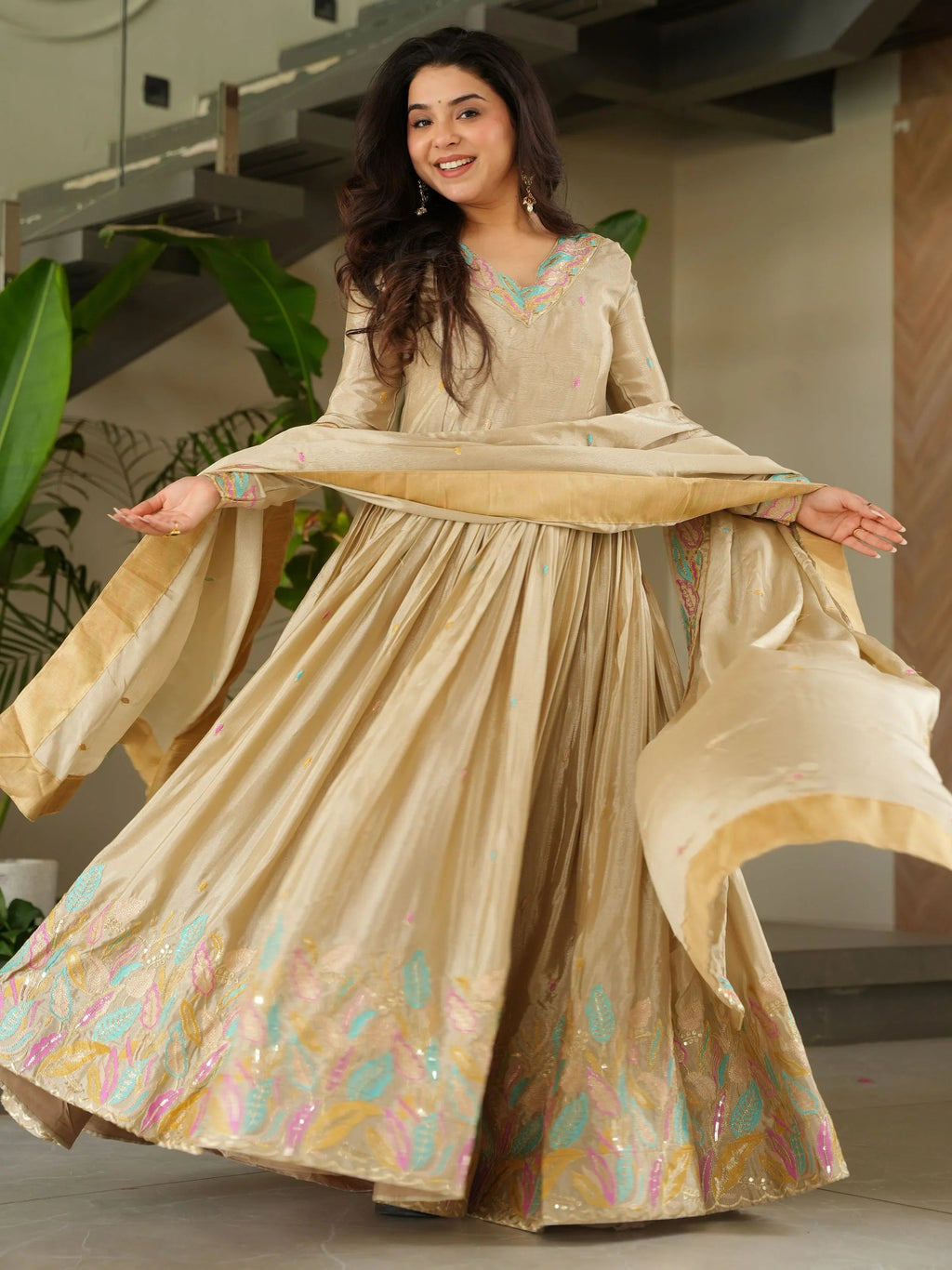 Off white chinnon gown with sequins and multithread embroidery and dupatta
