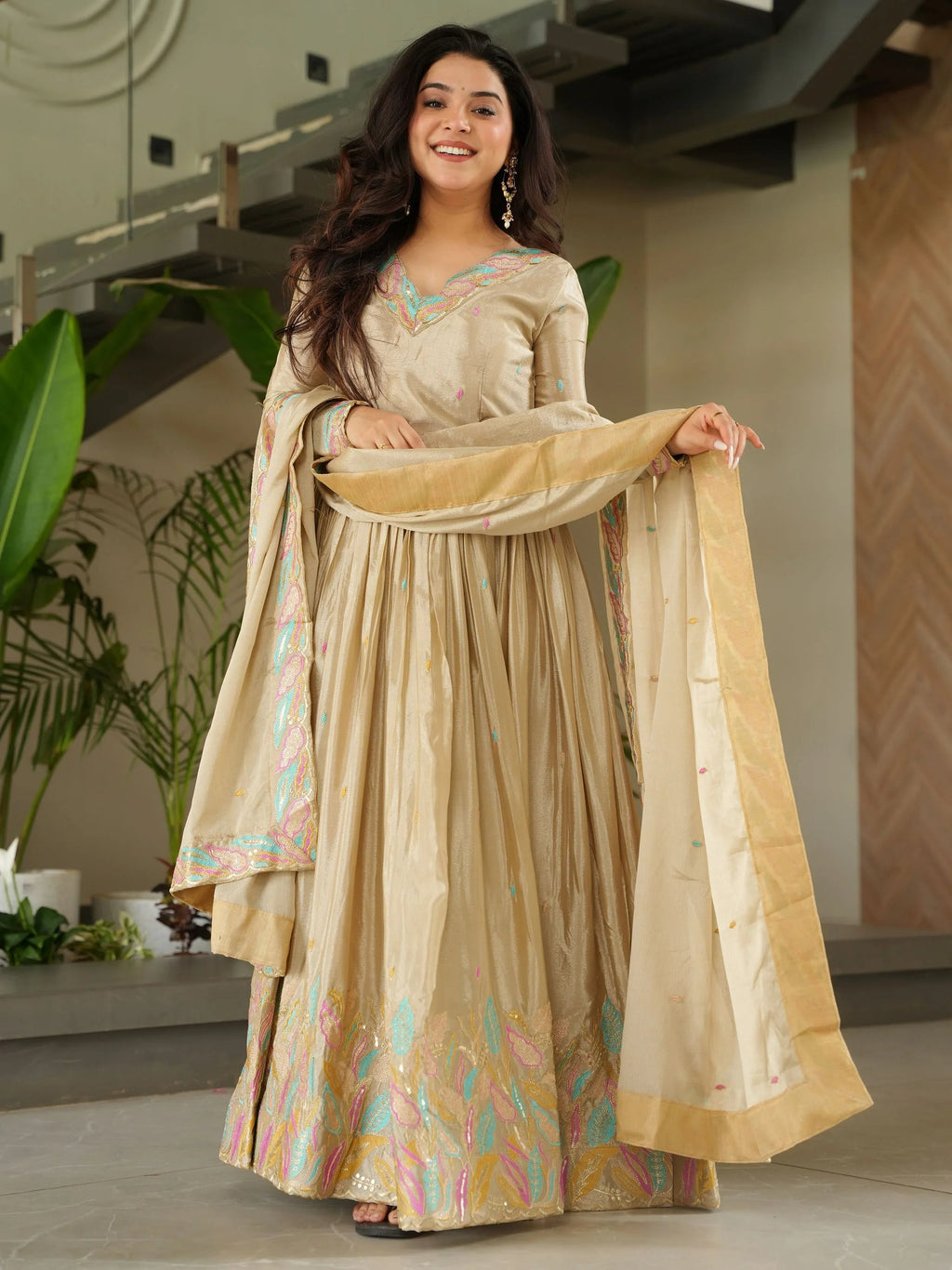 Off white chinnon gown with sequins and multithread embroidery and dupatta
