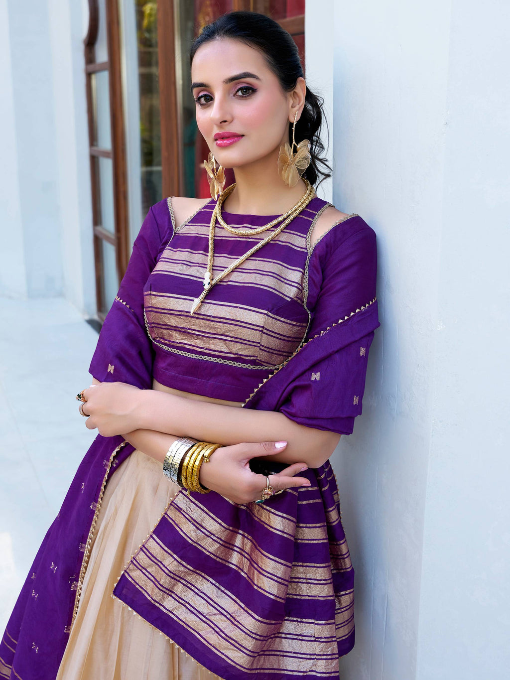 Off-white pure Chanderi zari weaving lehenga choli with dupatta