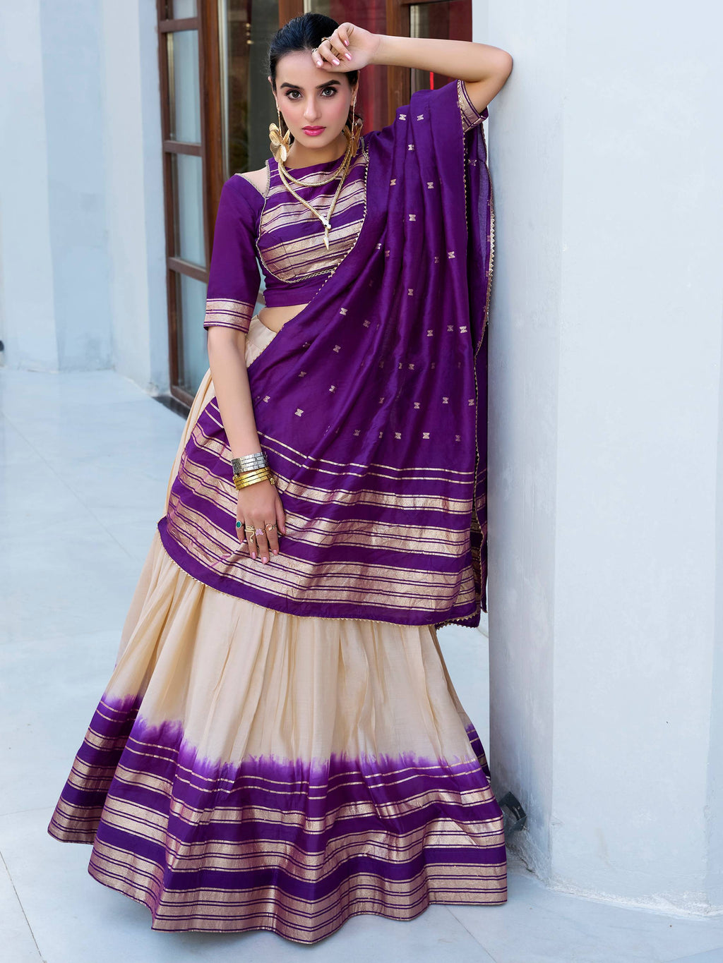 Off-white pure Chanderi zari weaving lehenga choli with dupatta