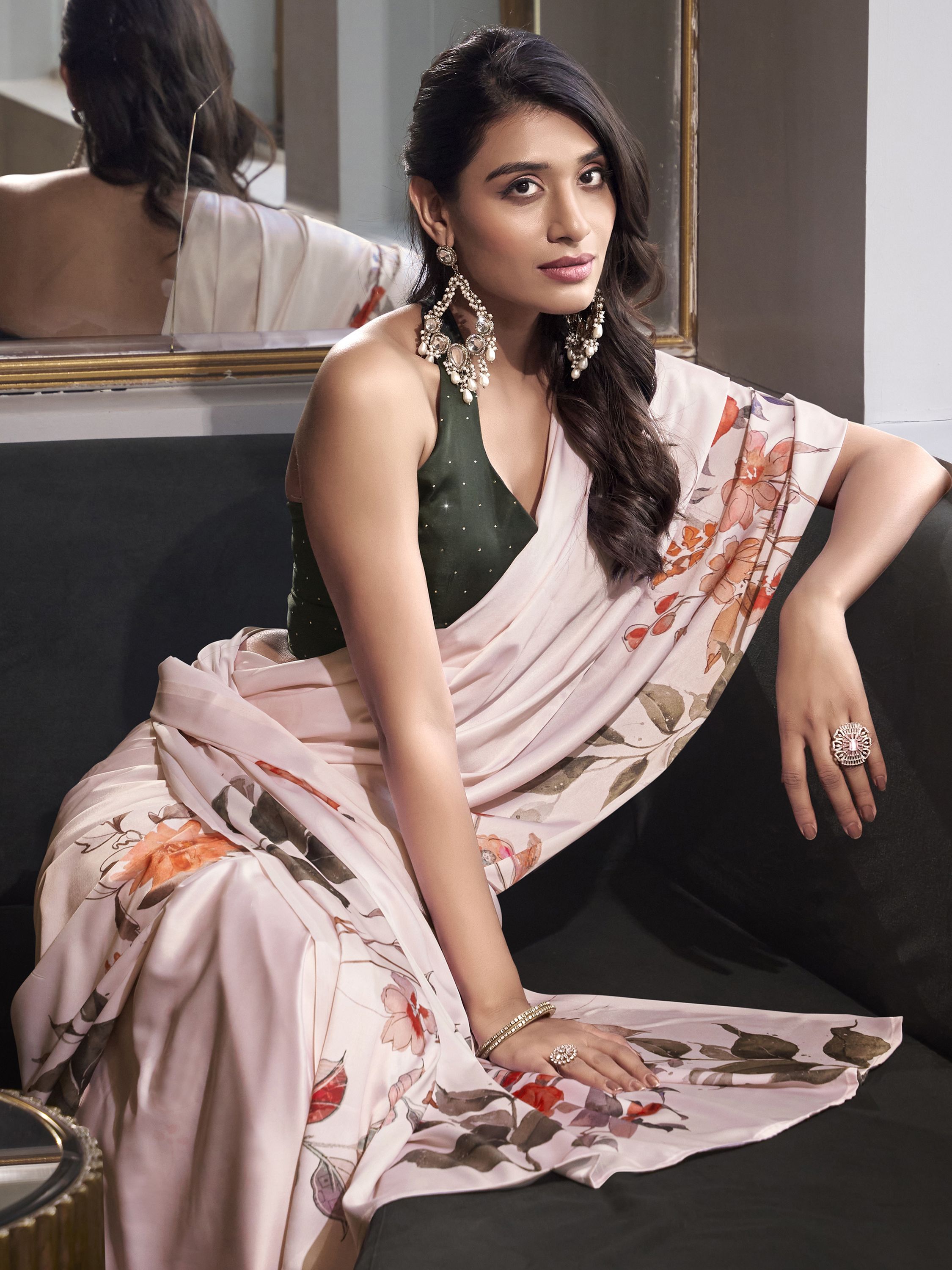Off white satin silk printed saree with moonga silk blouse