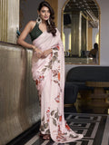 Off white satin silk printed saree with moonga silk blouse
