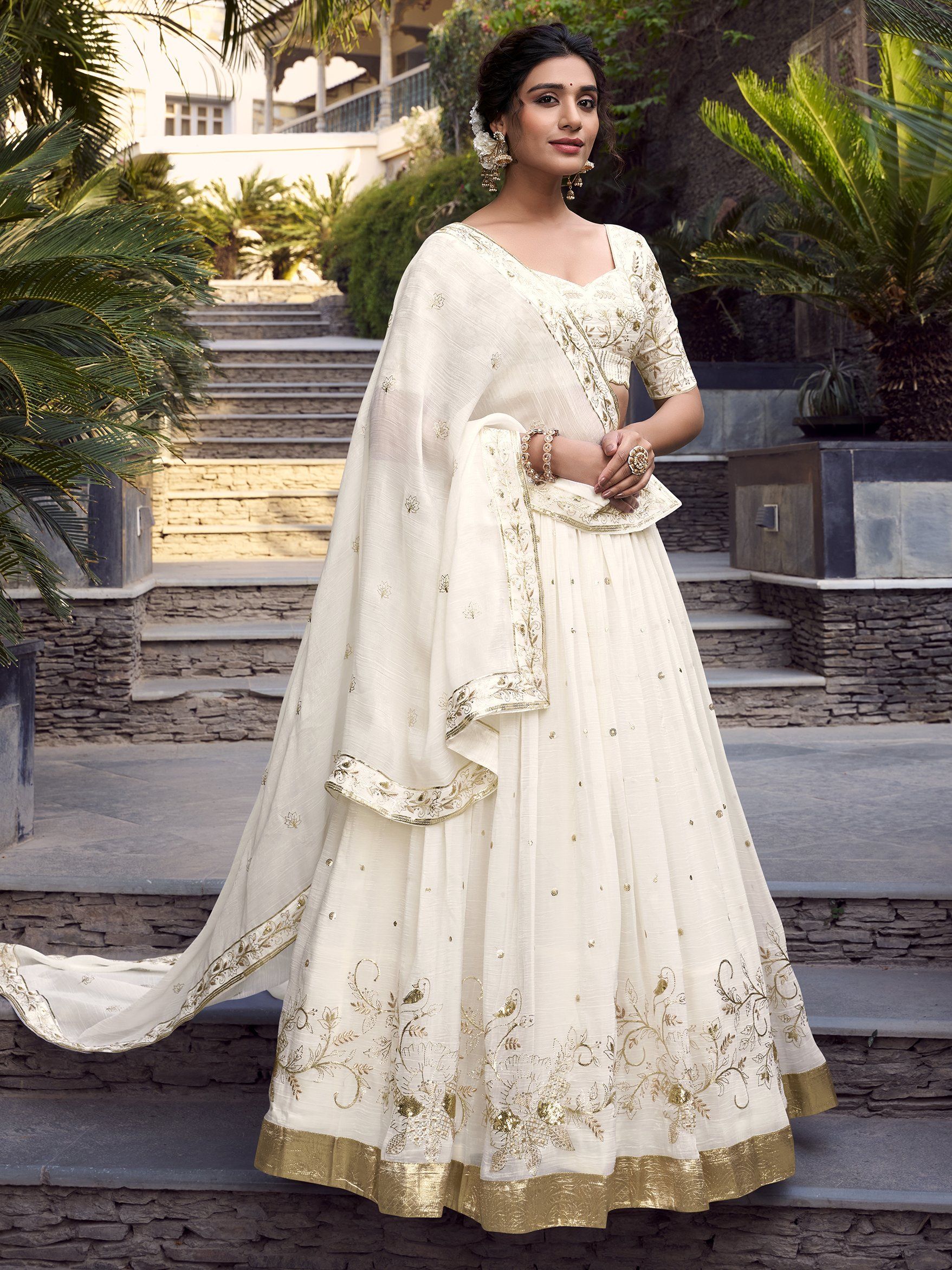 Off white silver glossy embroidered lehenga choli with dupatta