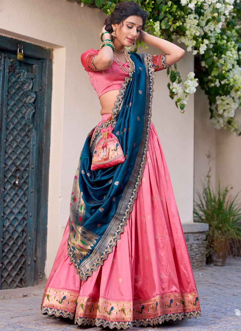 Onion pink jacquard silk Paithani lehenga choli with dupatta and batwa