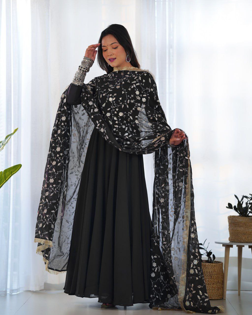 Opulent georgette sequin jari black kurti set