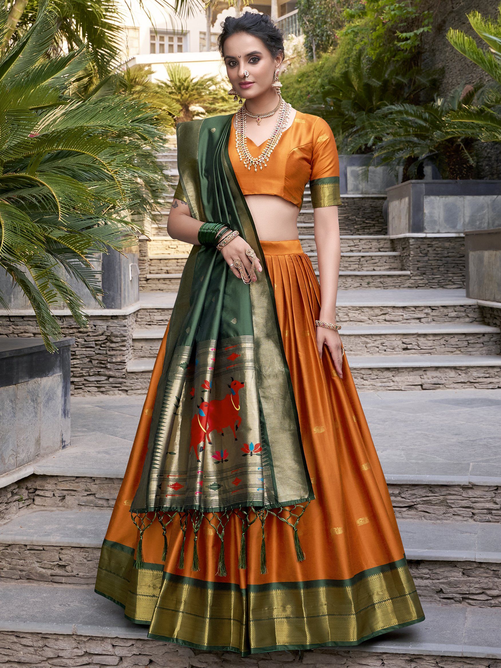 Sayli Orange Paithani Jacquard Silk Lehenga Choli with Zari Weaving Work