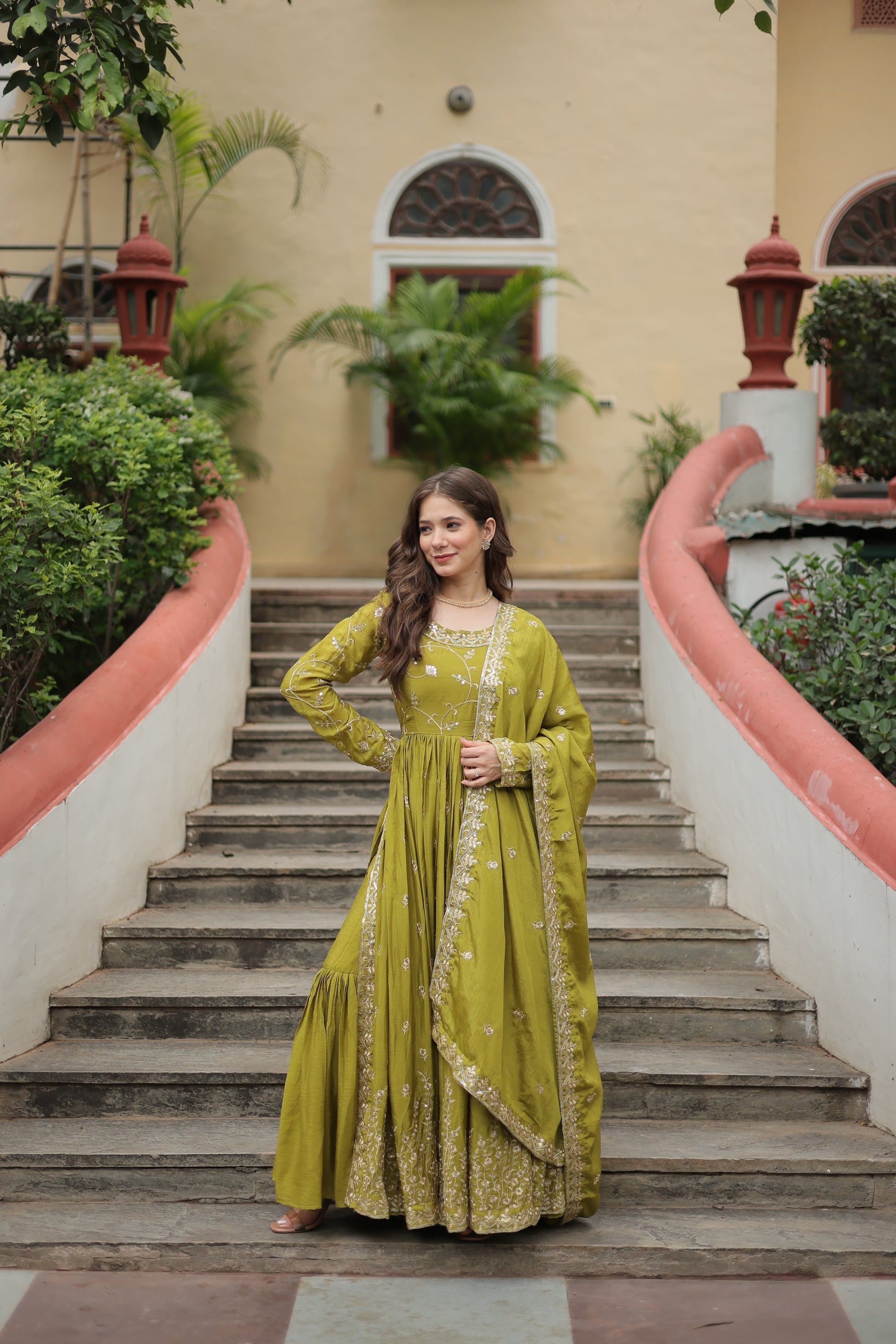 Parrot green georgette embroidered Paridhi designer sharara suit