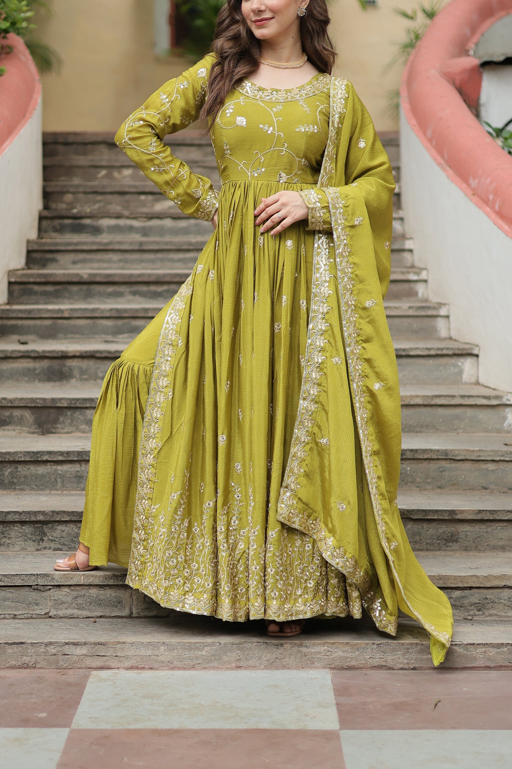 Parrot green georgette embroidered Paridhi designer sharara suit