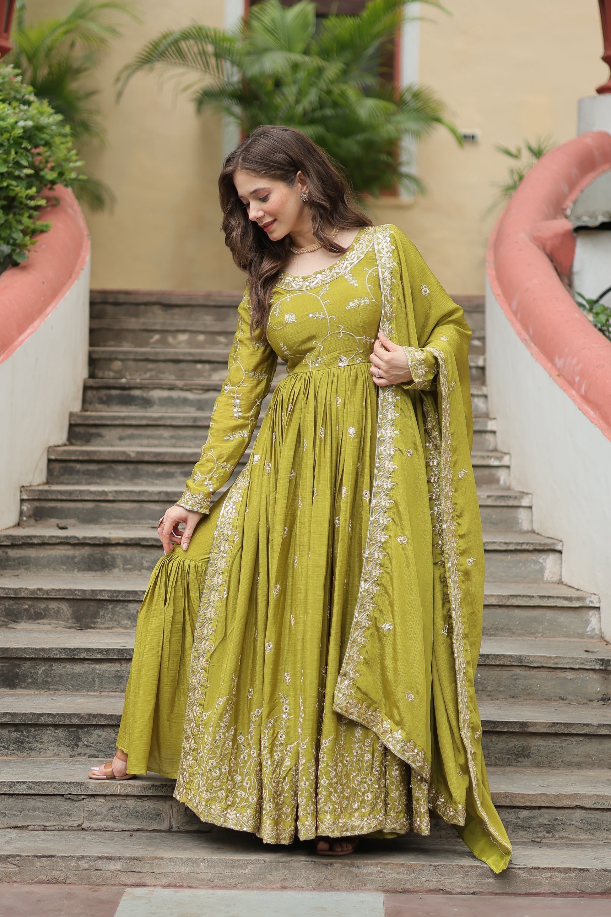 Parrot green georgette embroidered Paridhi designer sharara suit
