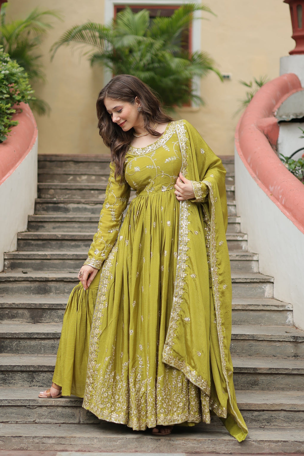 Parrot green georgette embroidered Paridhi designer sharara suit