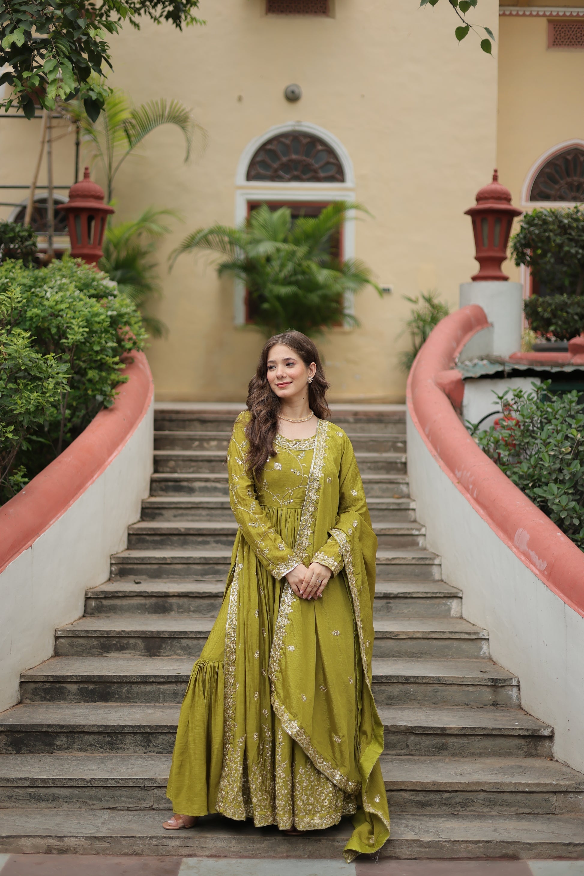 Parrot green georgette embroidered Paridhi designer sharara suit
