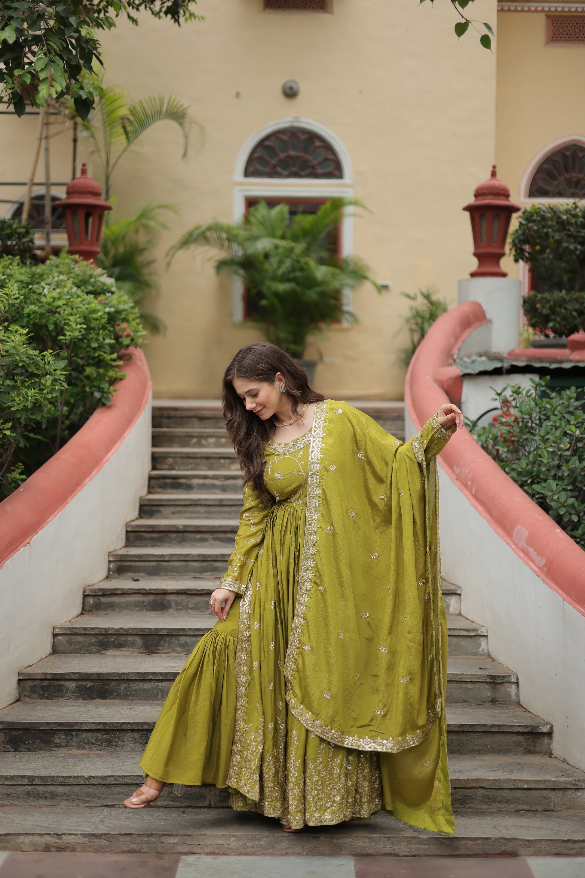 Parrot green georgette embroidered Paridhi designer sharara suit