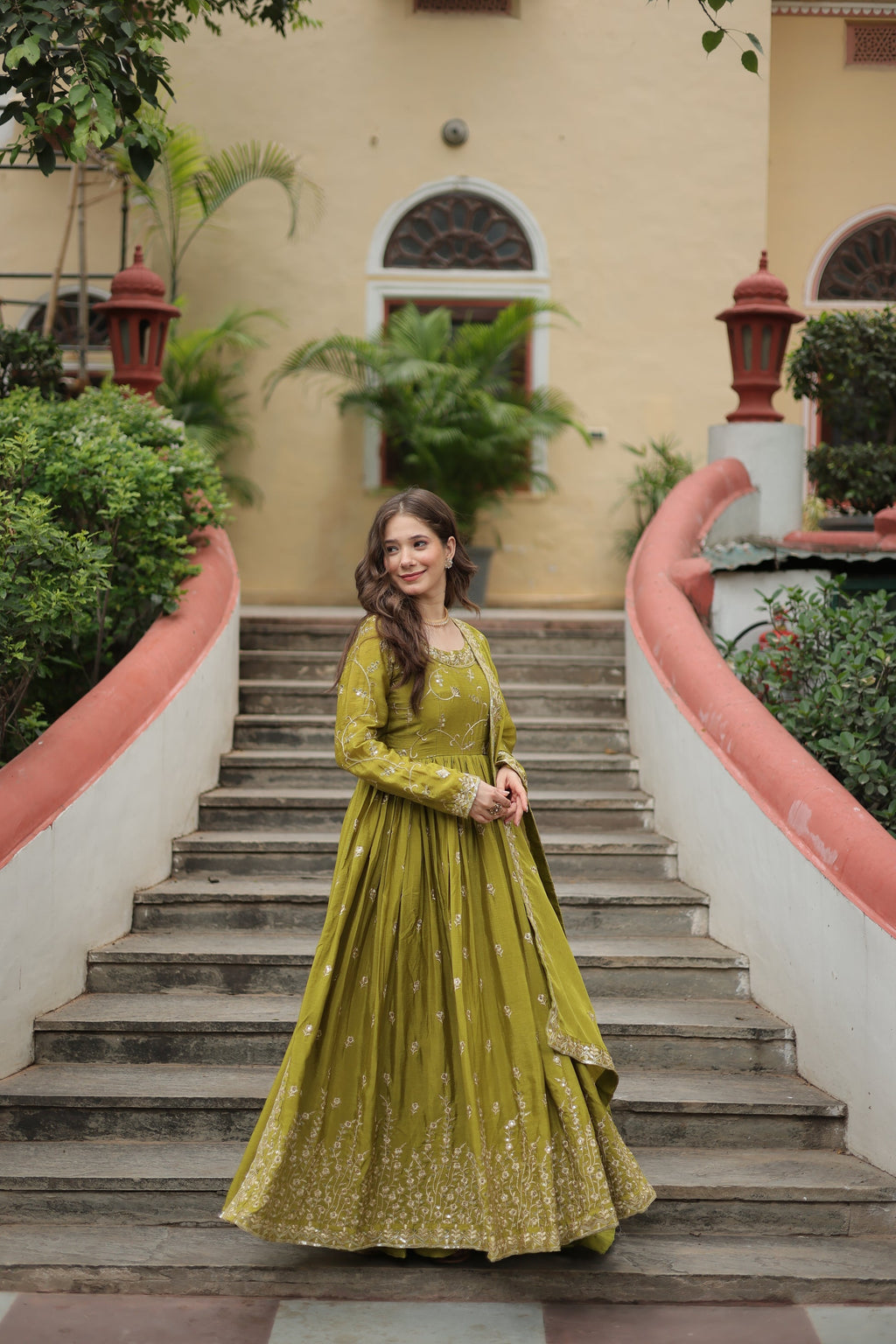Parrot green georgette embroidered Paridhi designer sharara suit