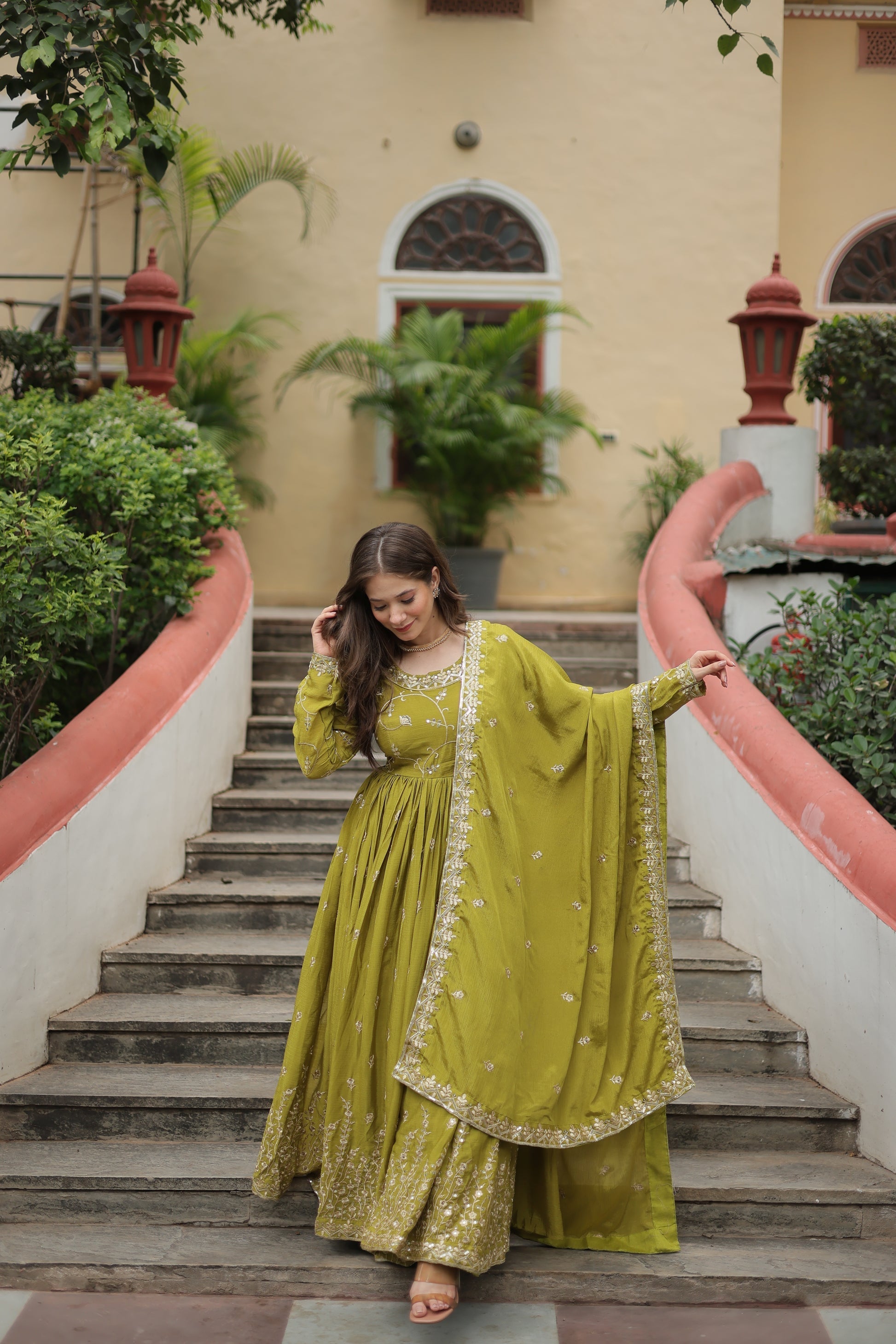 Parrot green georgette embroidered Paridhi designer sharara suit
