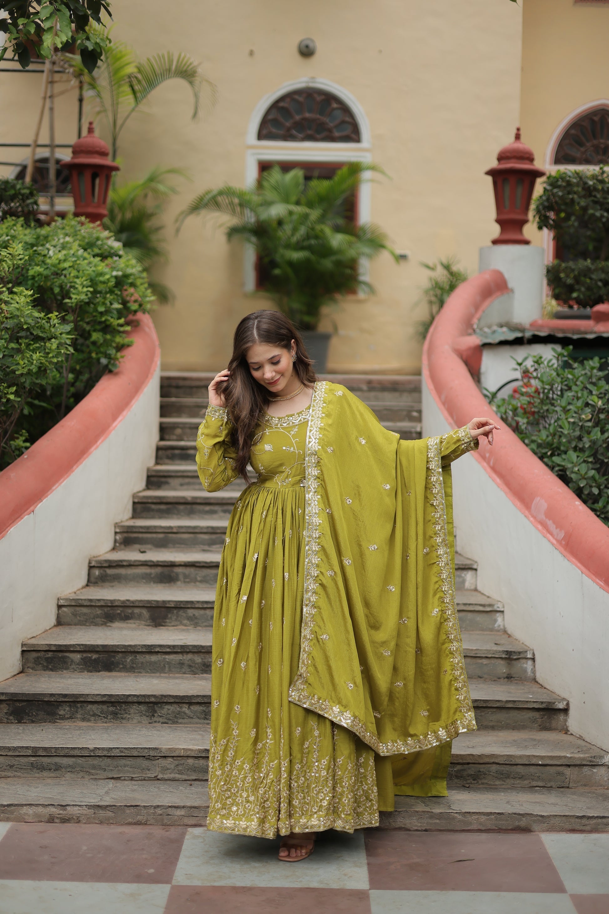 Parrot green georgette embroidered Paridhi designer sharara suit