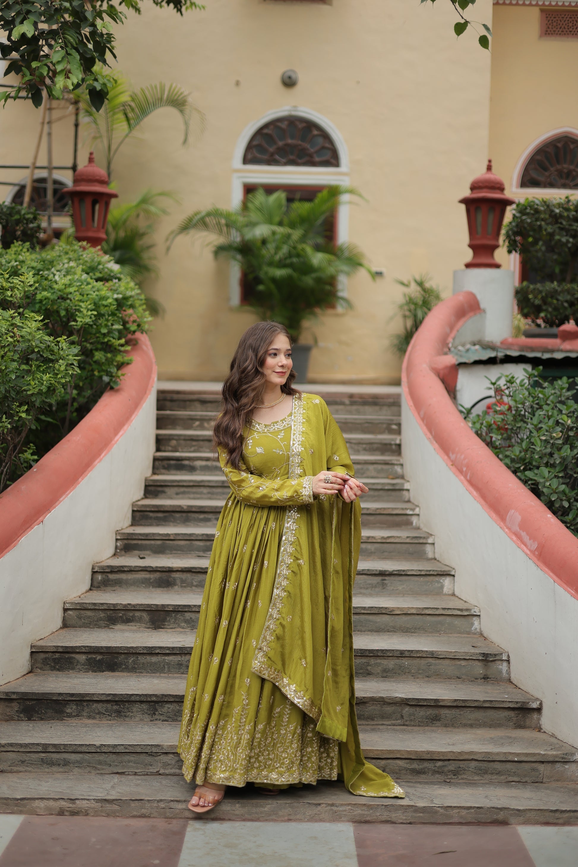 Parrot green georgette embroidered Paridhi designer sharara suit