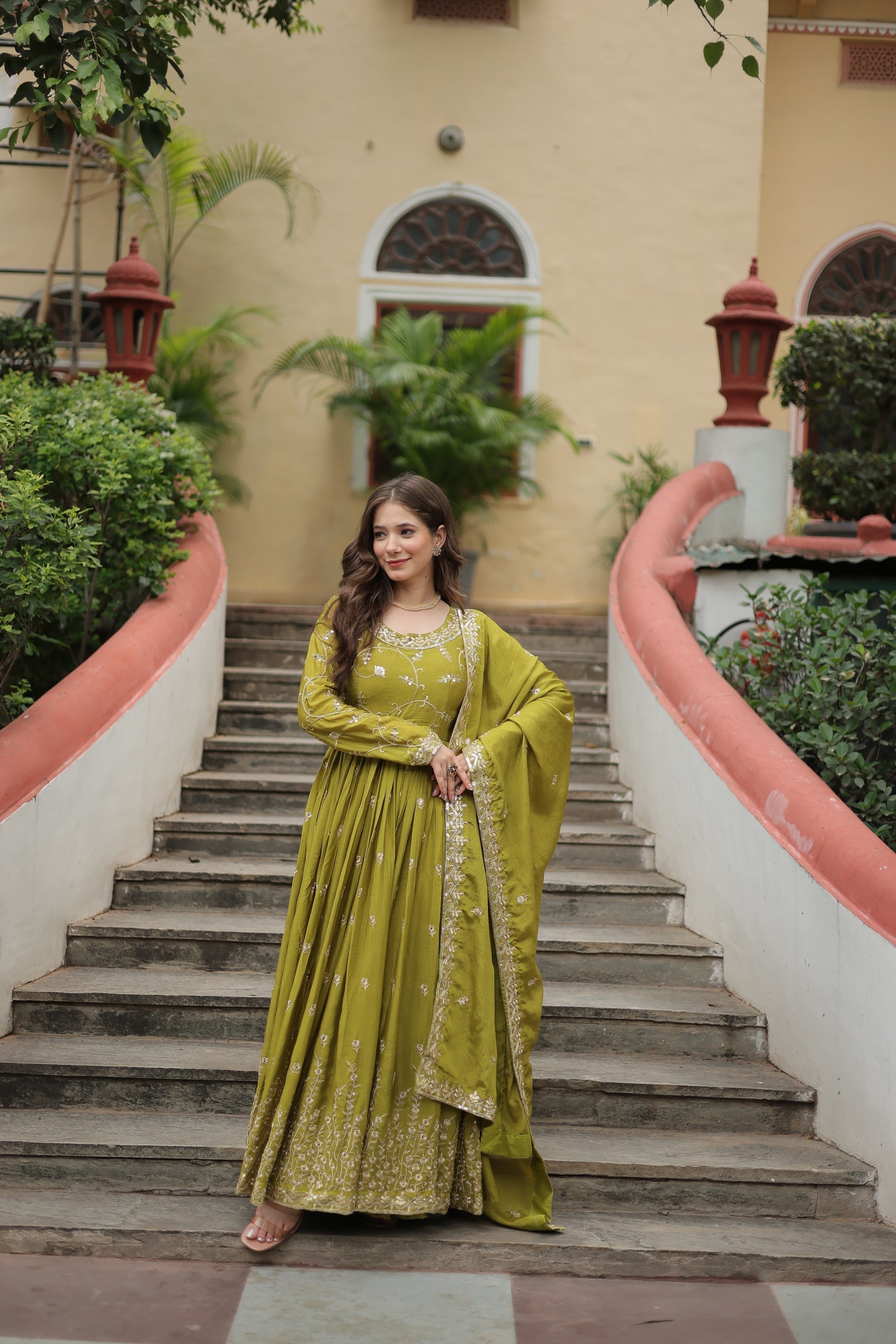 Parrot green georgette embroidered Paridhi designer sharara suit