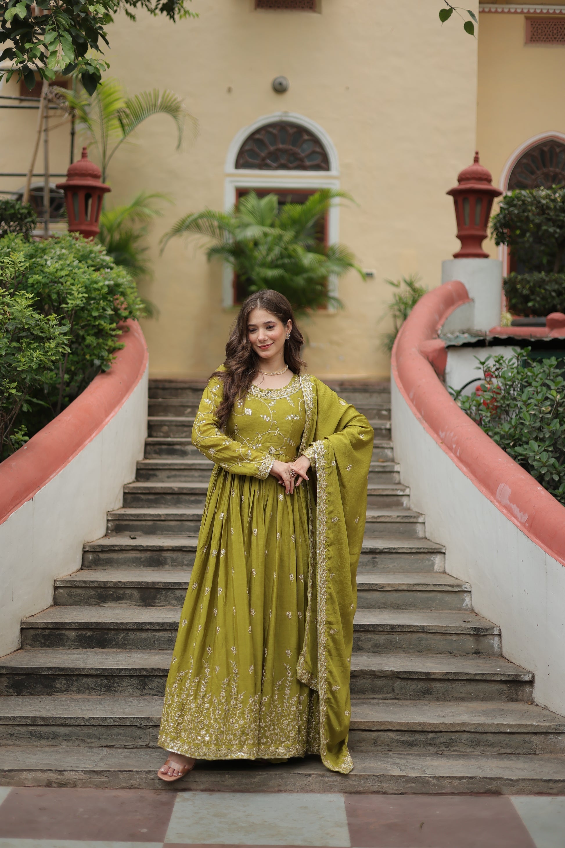 Parrot green georgette embroidered Paridhi designer sharara suit