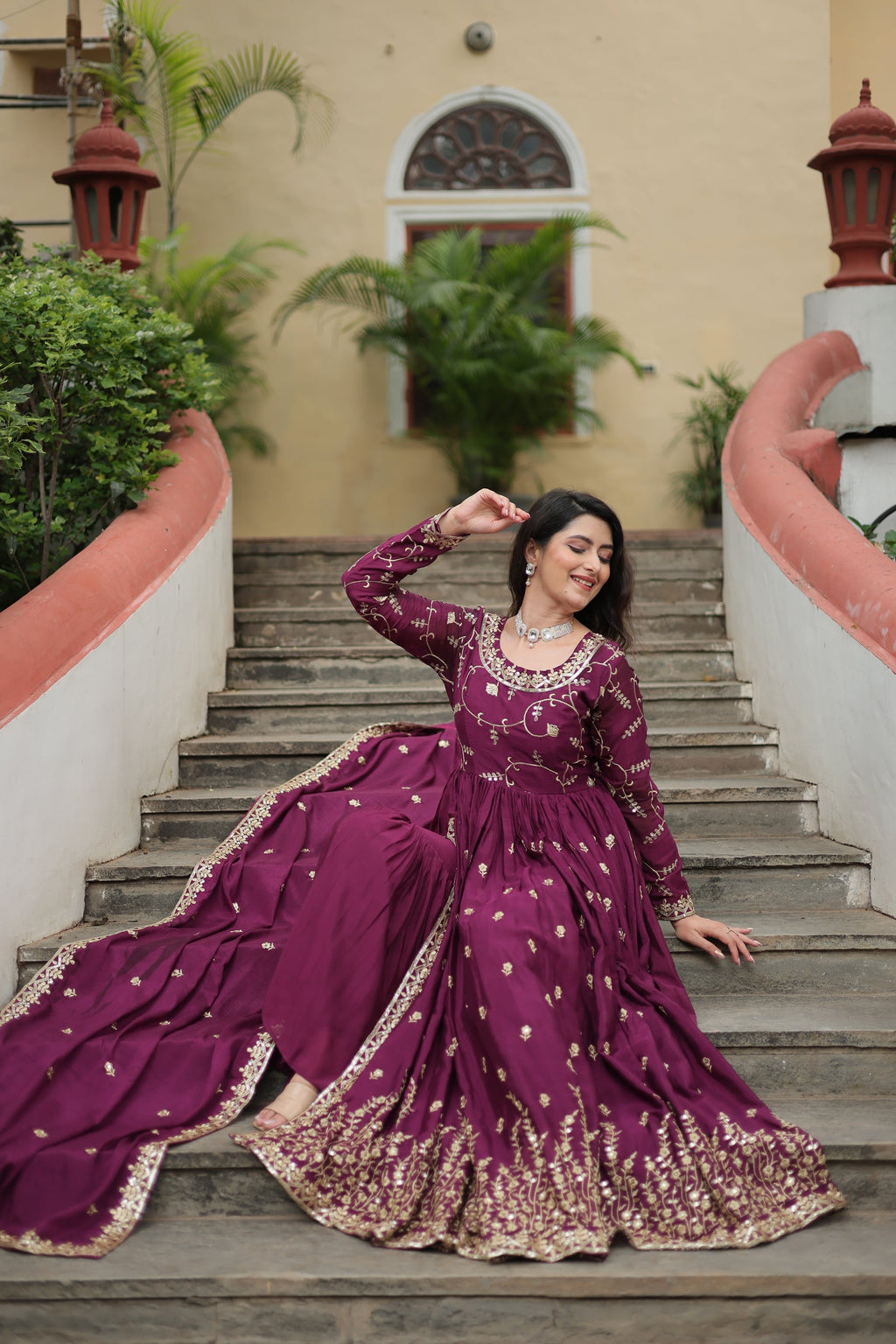 Wine georgette embroidered Paridhi designer sharara suit