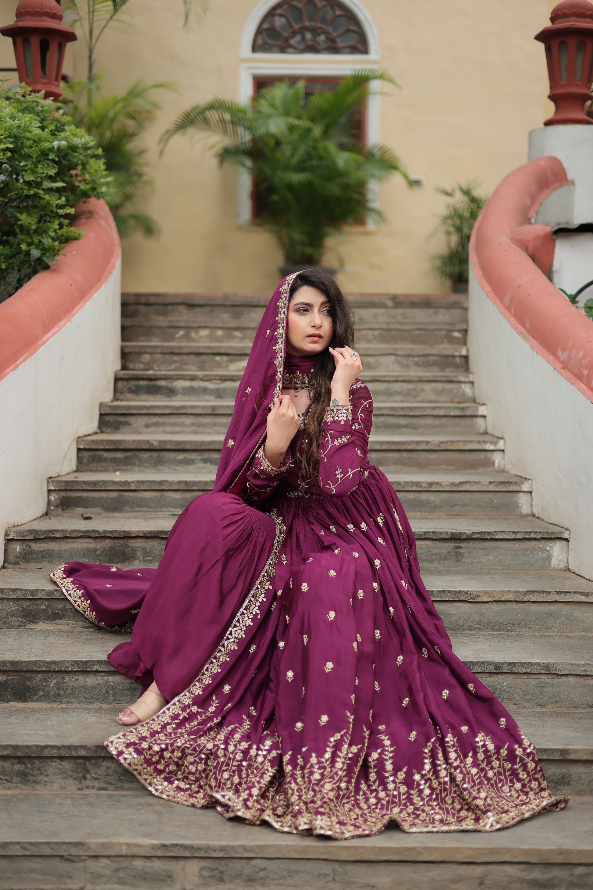 Wine georgette embroidered Paridhi designer sharara suit