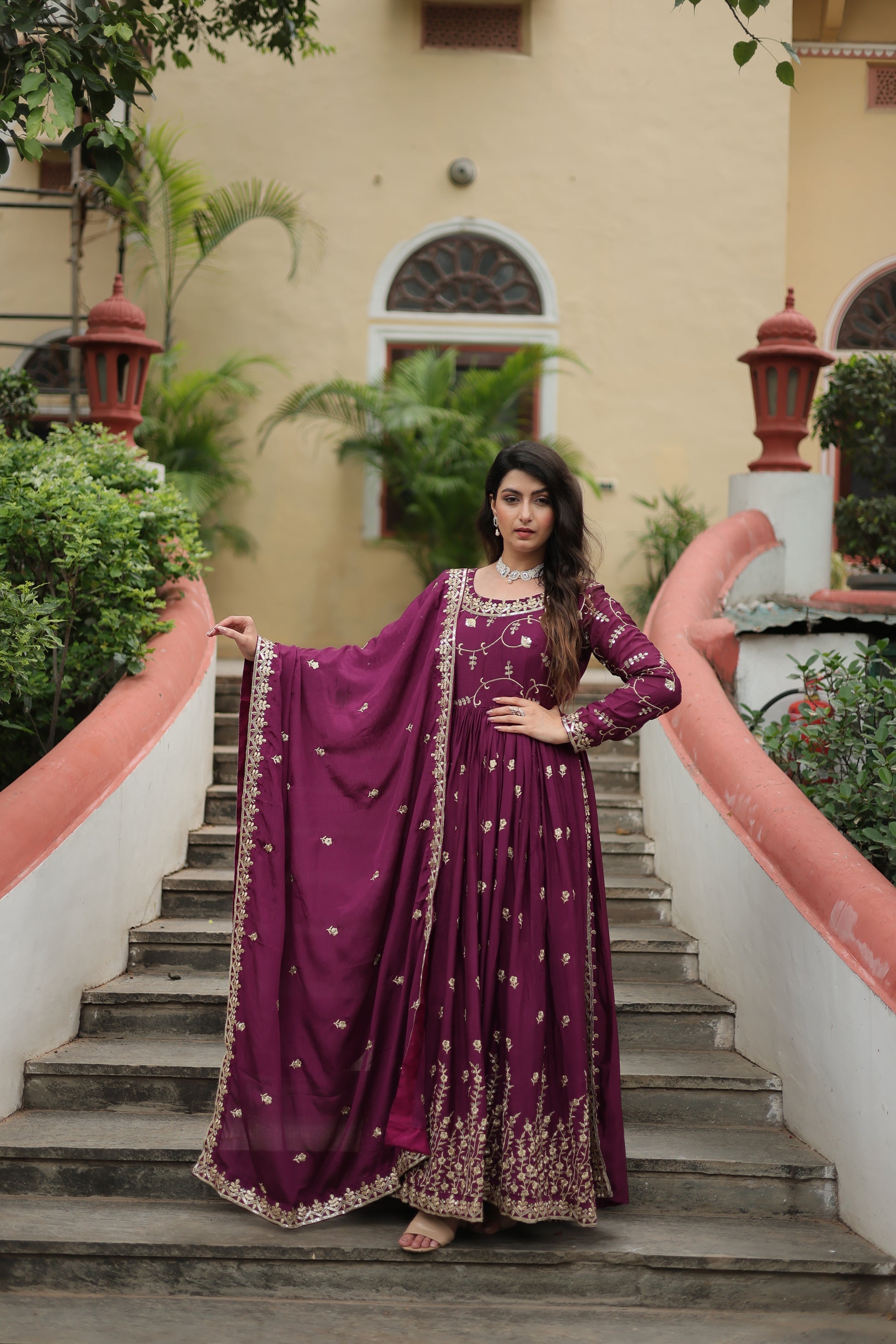 Wine georgette embroidered Paridhi designer sharara suit