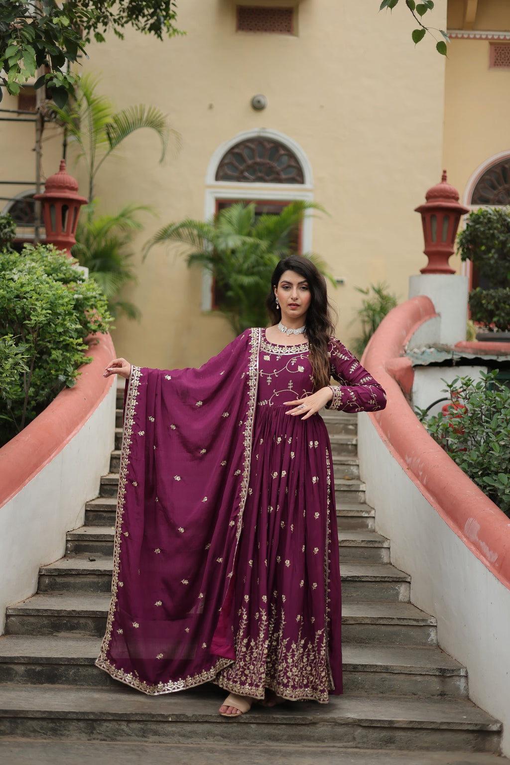 Wine georgette embroidered Paridhi designer sharara suit